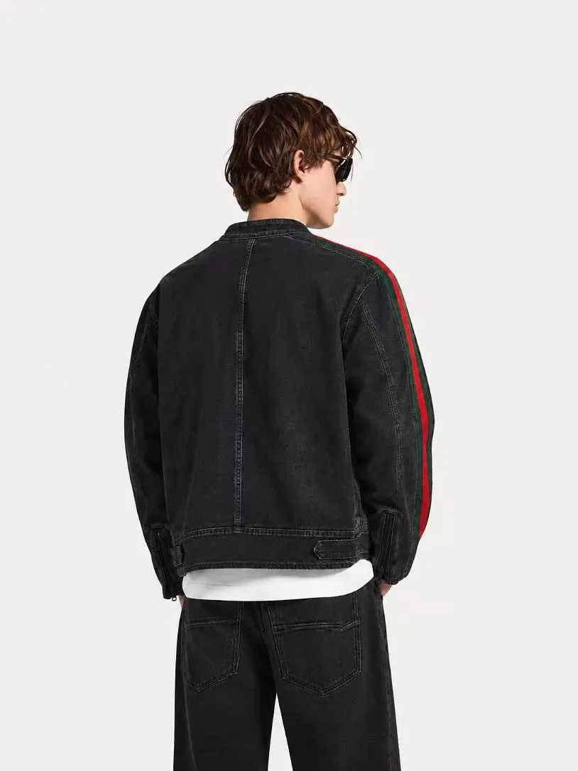 Gucci/Gucci red and green webbing motorcycle denim jacket