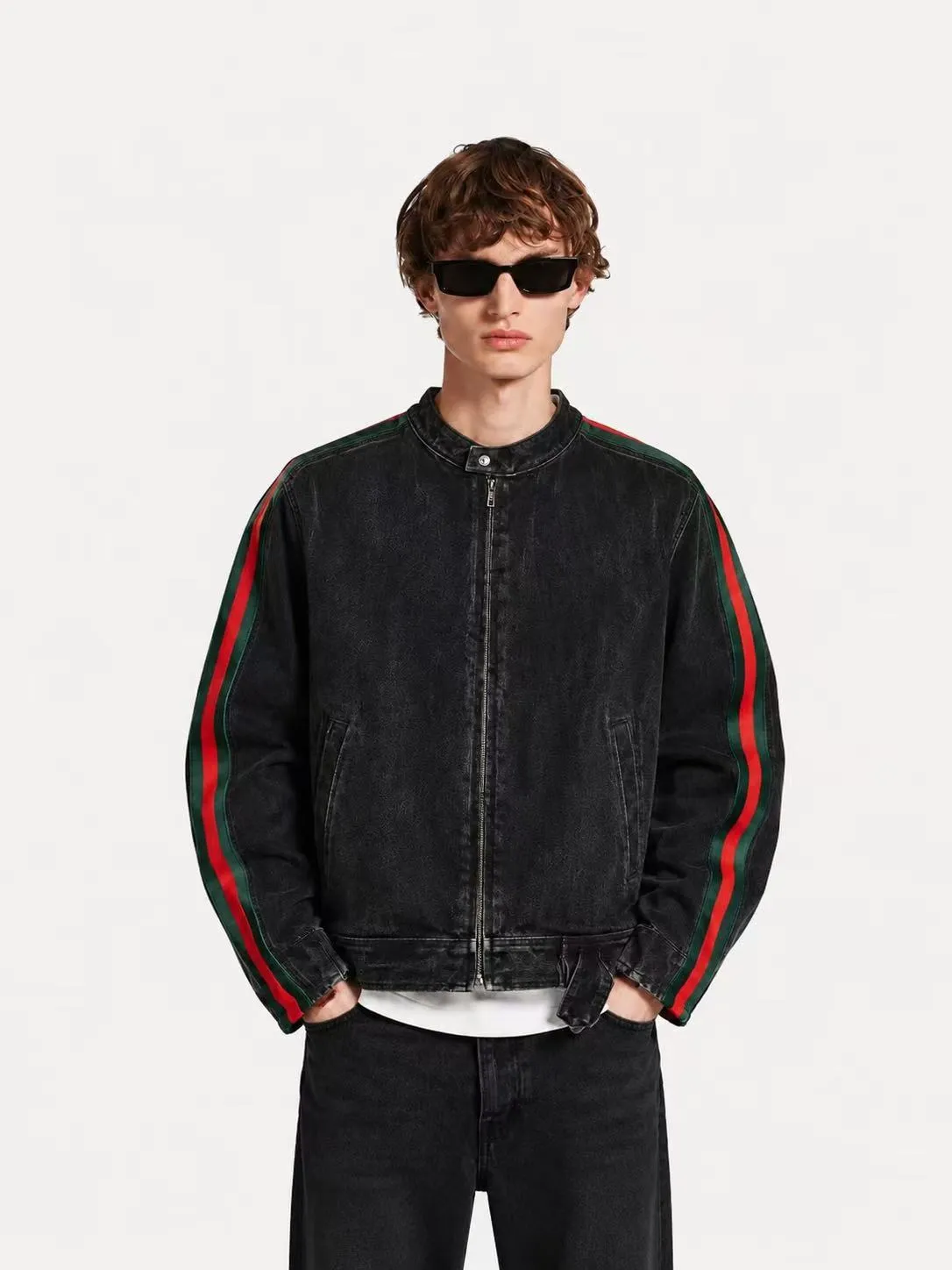 Gucci/Gucci red and green webbing motorcycle denim jacket