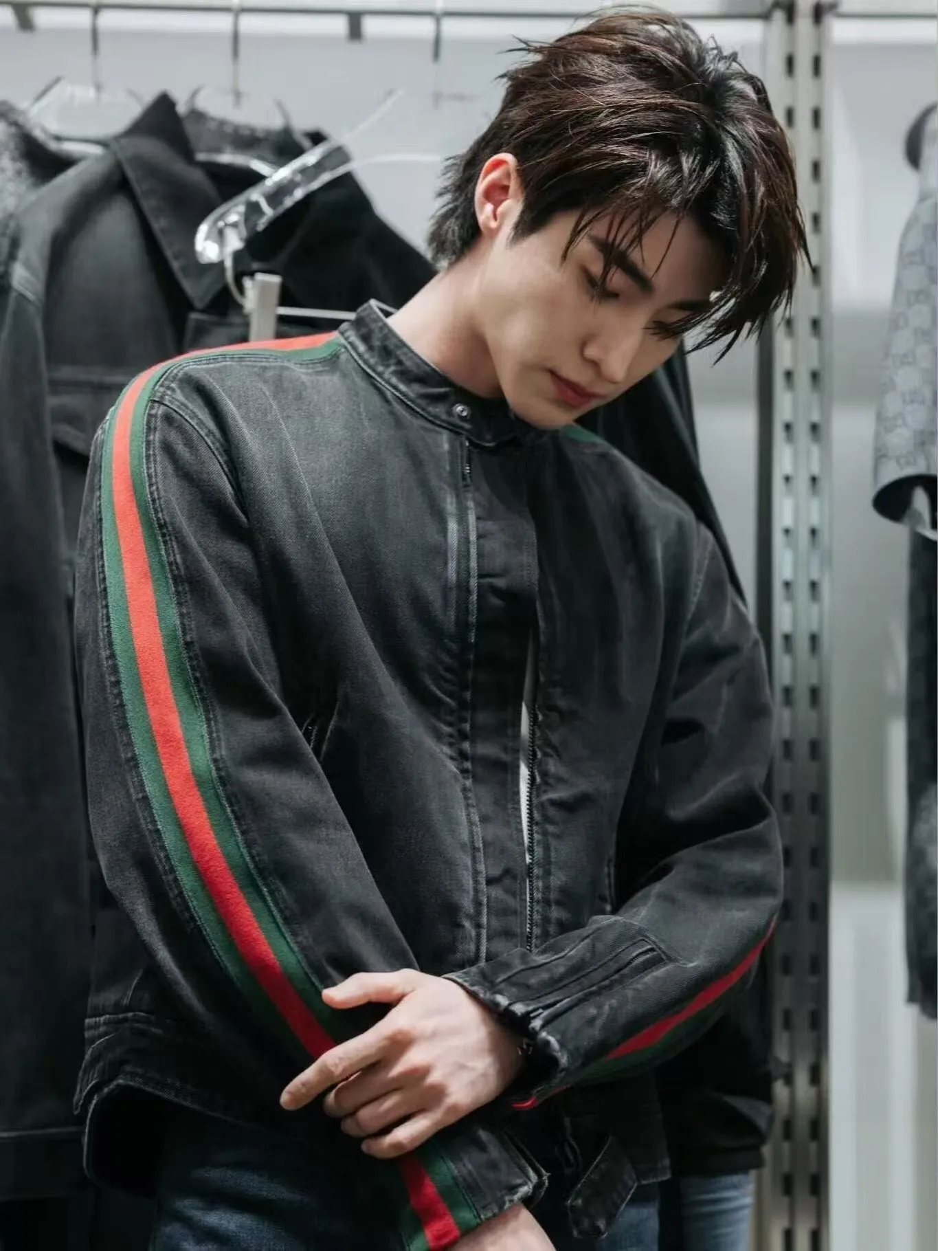 Gucci/Gucci red and green webbing motorcycle denim jacket