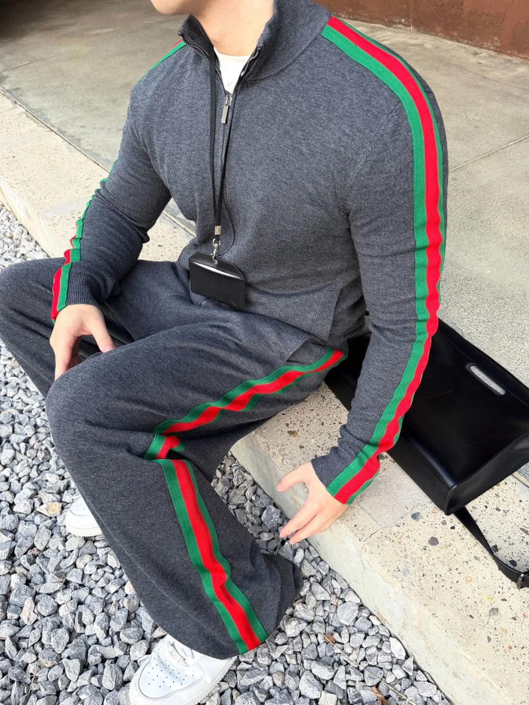 Gucci/Gucci red and green webbing wool suit stand collar jacket