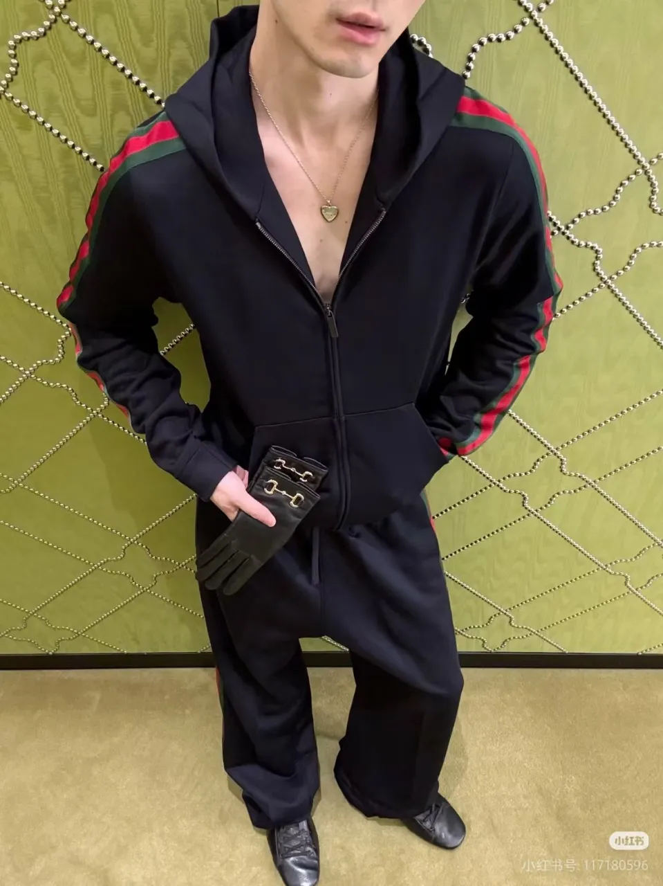 Gucci/Gucci Web red and green webbing knitted hooded jacket