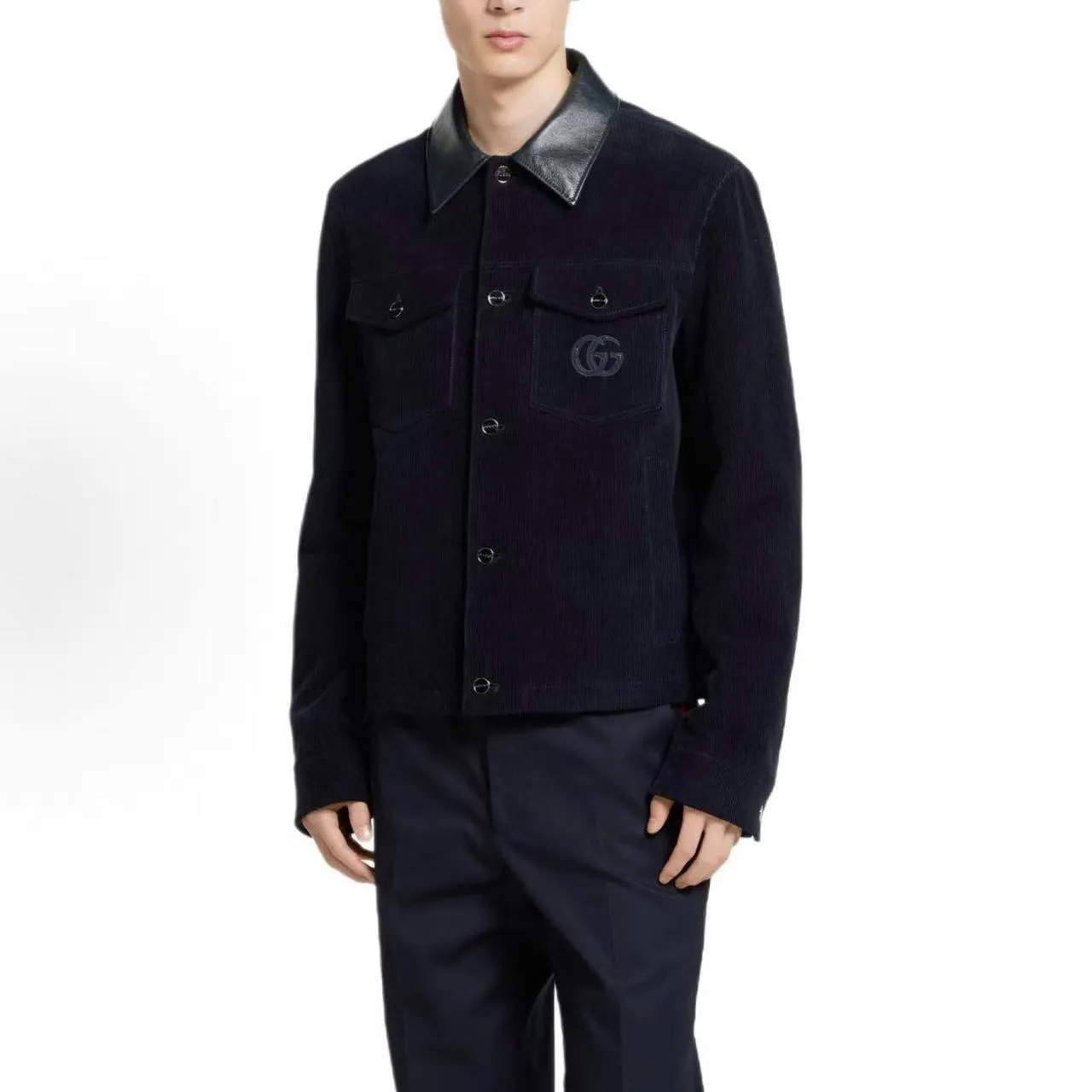 Gucci/Gucci embroidered leather collar corduroy jacket