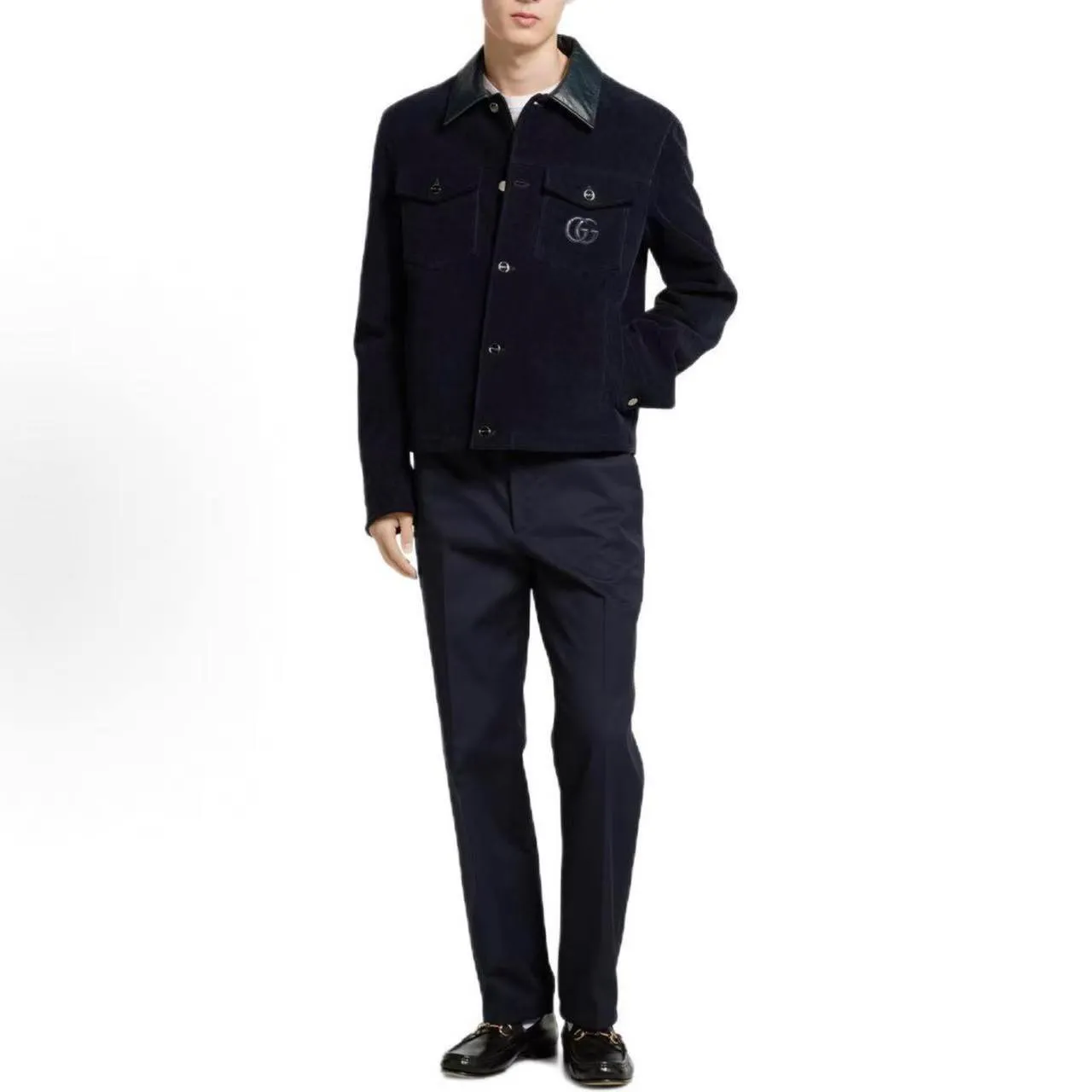 Gucci/Gucci embroidered leather collar corduroy jacket