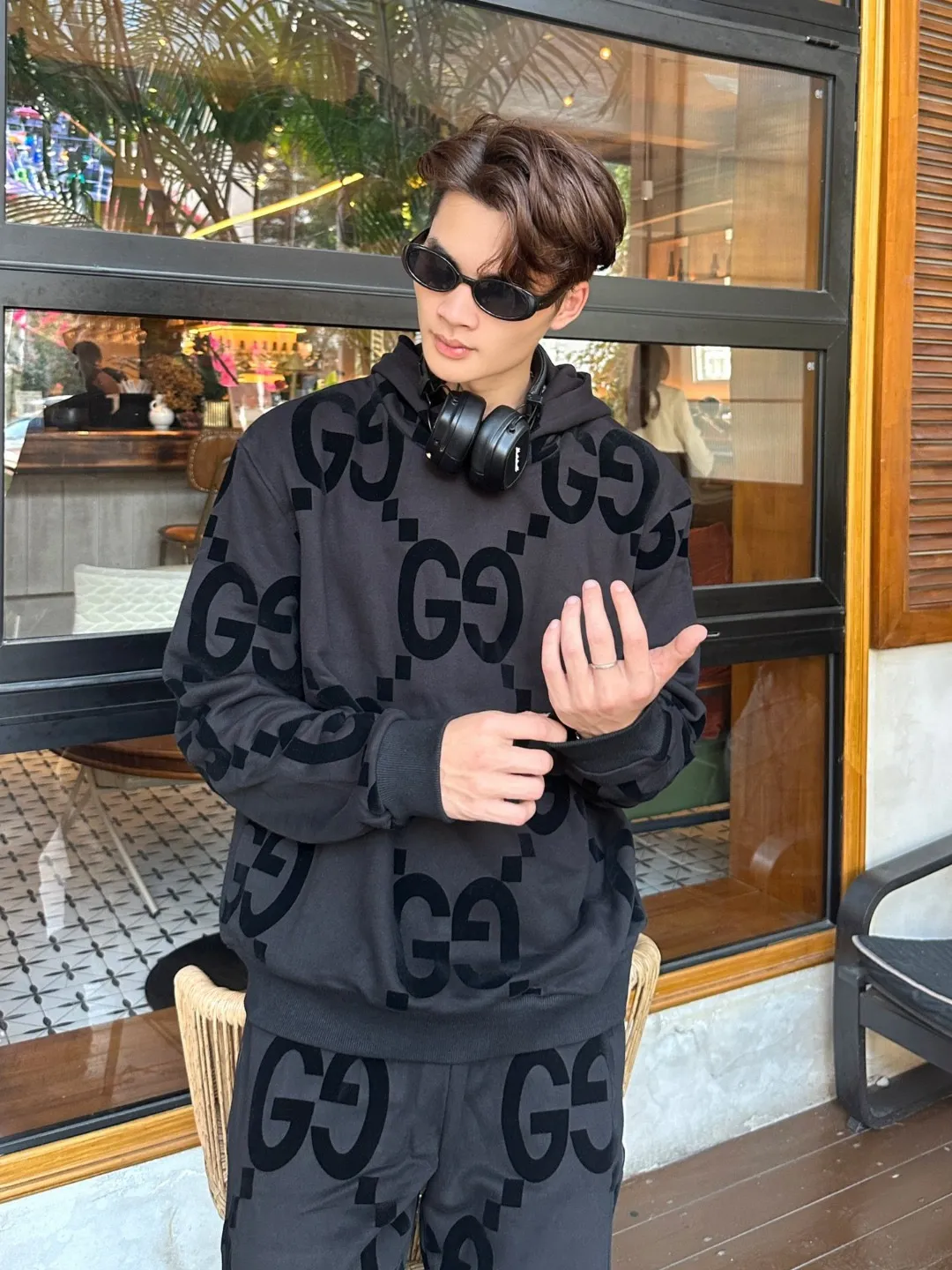 Gucci/Gucci Double G flocked cotton hooded sweatshirt