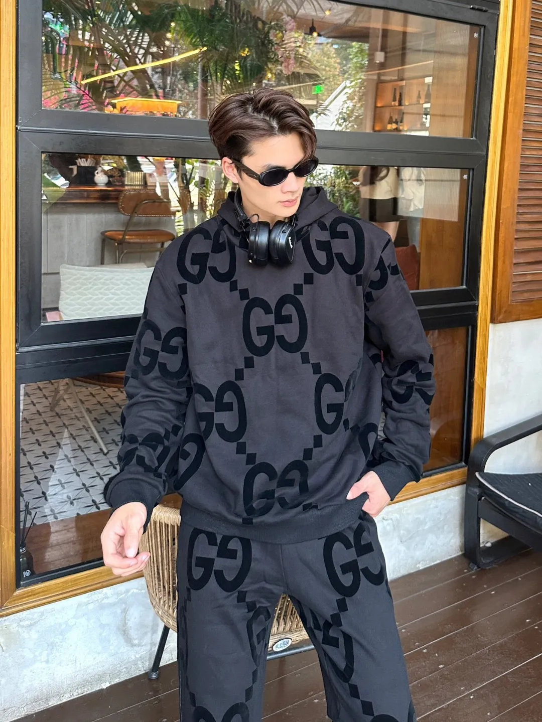 Gucci/Gucci Double G flocked cotton hooded sweatshirt