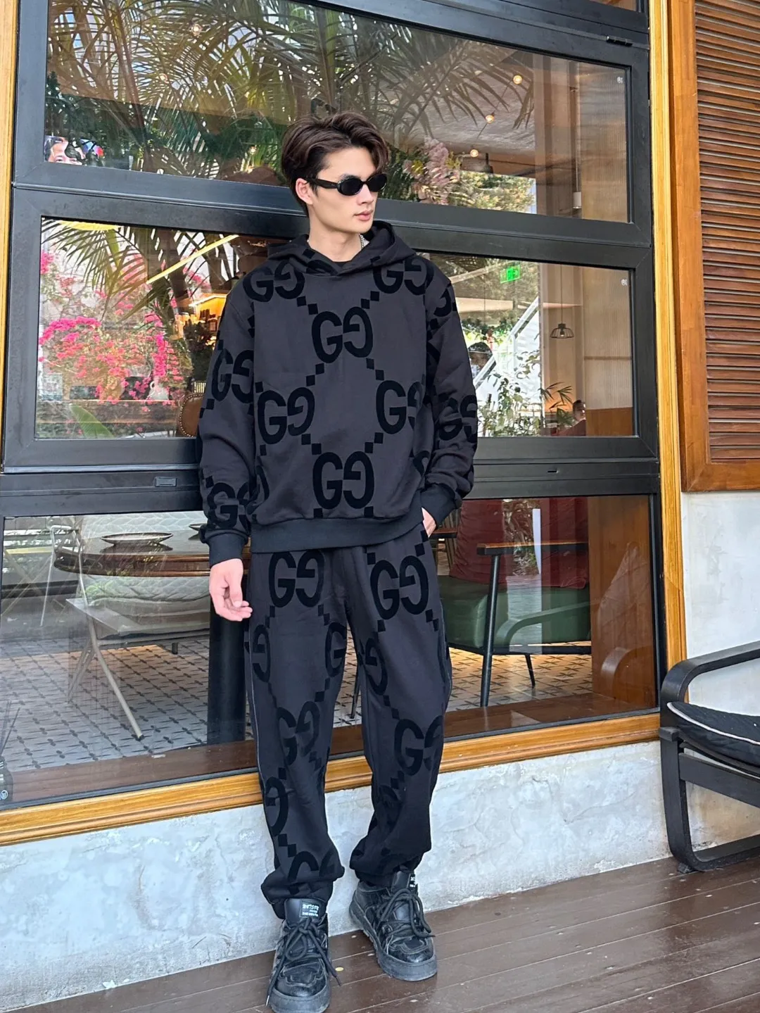 Gucci/Gucci Double G flocked cotton hooded sweatshirt