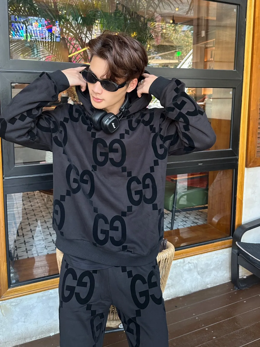 Gucci/Gucci Double G flocked cotton hooded sweatshirt