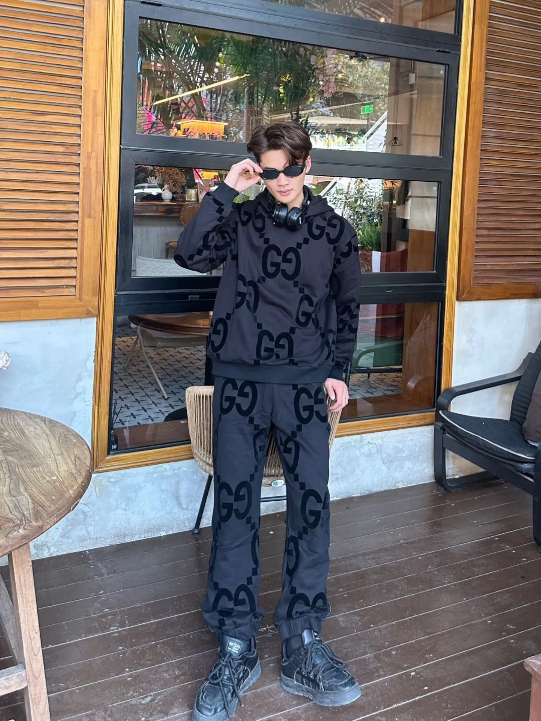 Gucci/Gucci Double G flocked cotton hooded sweatshirt