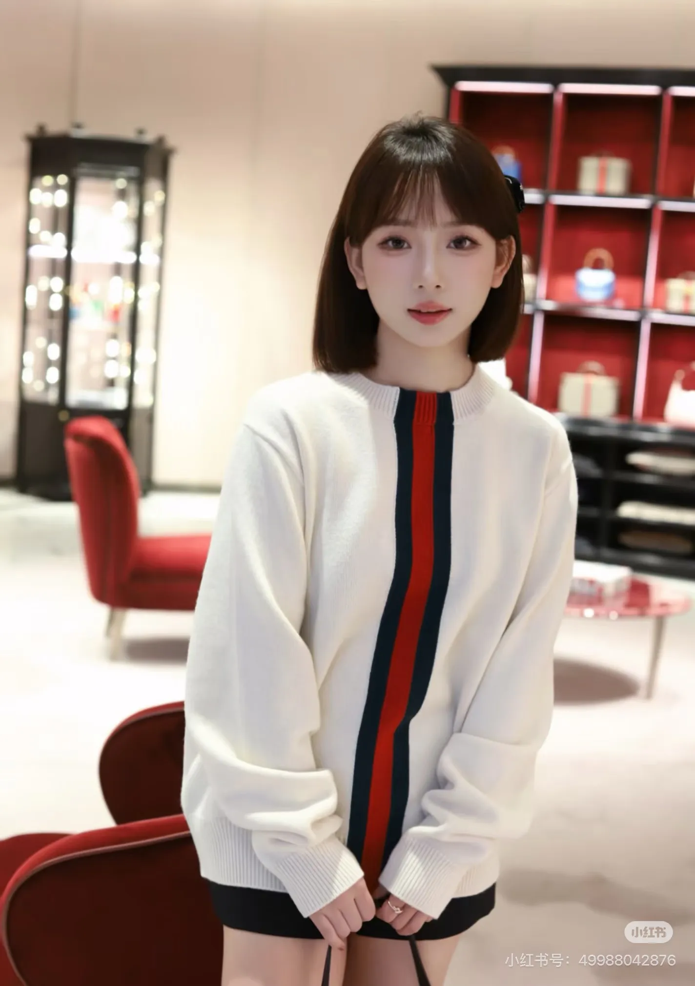 Gucci/Gucci red and green vertical striped knitted crew neck sweater
